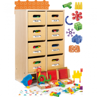    Opbergkast inclusief constructieblokken en voorbeeldkaarten